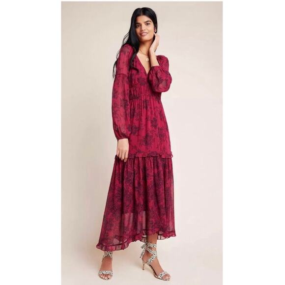 Anthropologie Maeve Annabella Floral Bohemian Tiered Maxi Dress Merlot Red Sz 8 - Picture 4 of 7